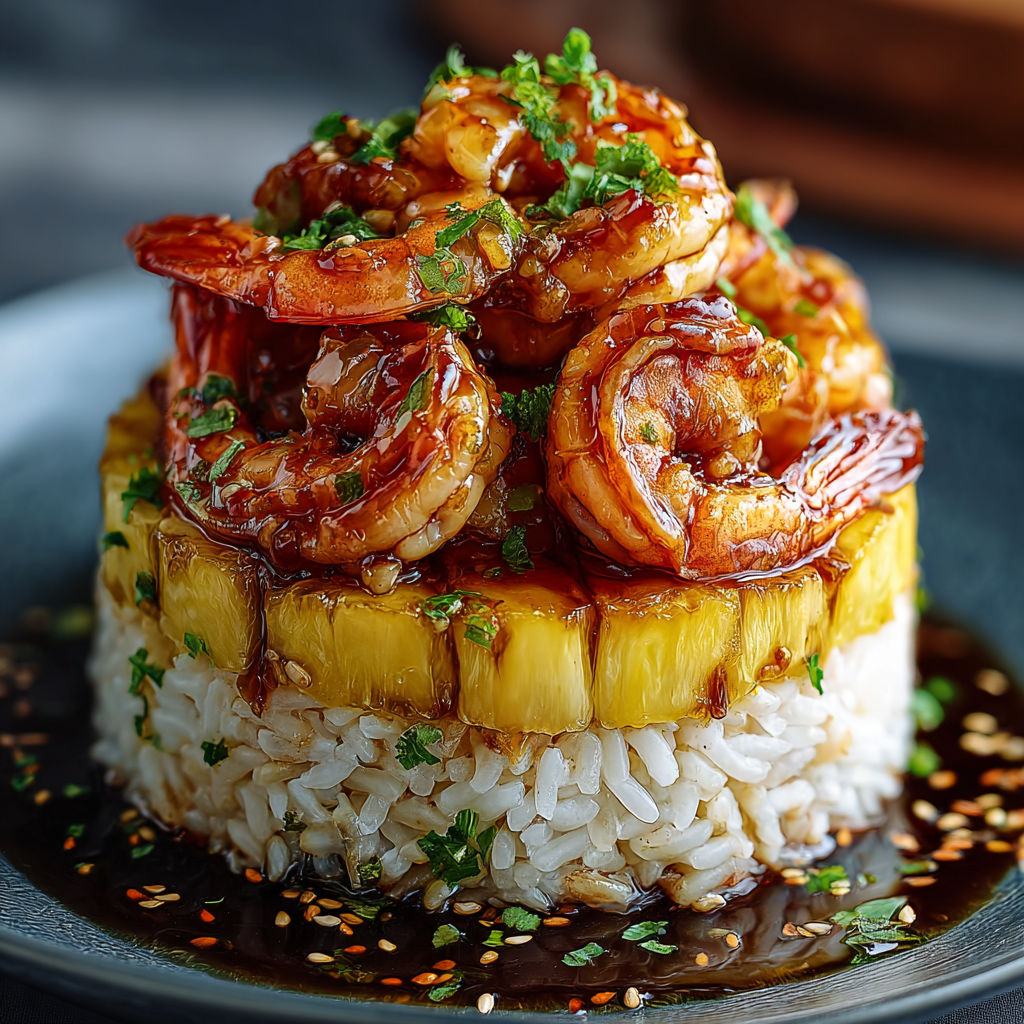 A delicious Teriyaki Shrimp Pineapple Rice Stack is served on a plate.