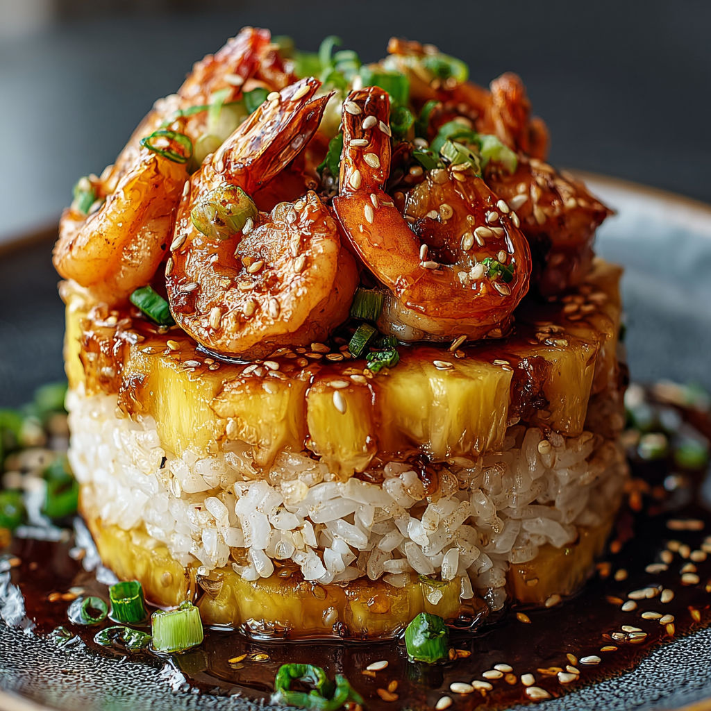 A delicious Teriyaki Shrimp Pineapple Rice Stack is served on a plate.