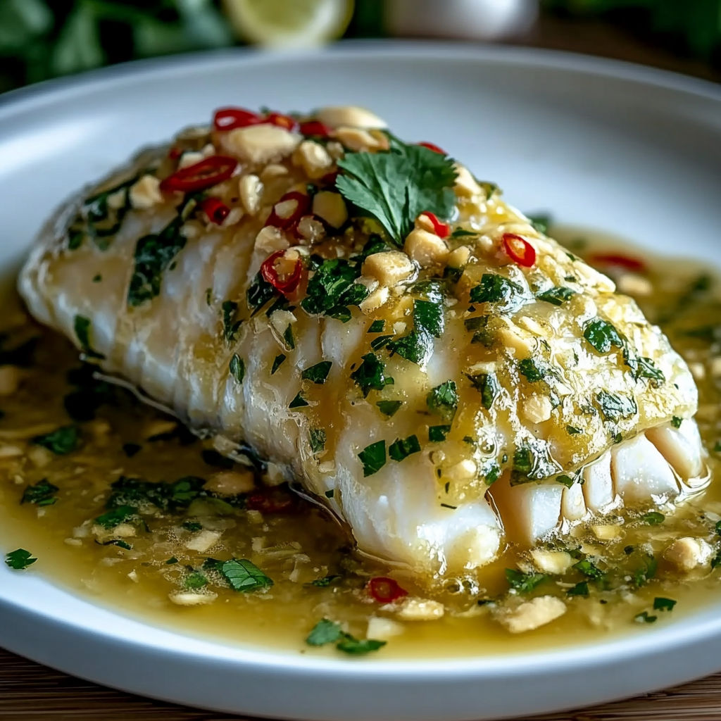 A plate of Thai Lime-Garlic Steamed Fish is served on a wooden table.