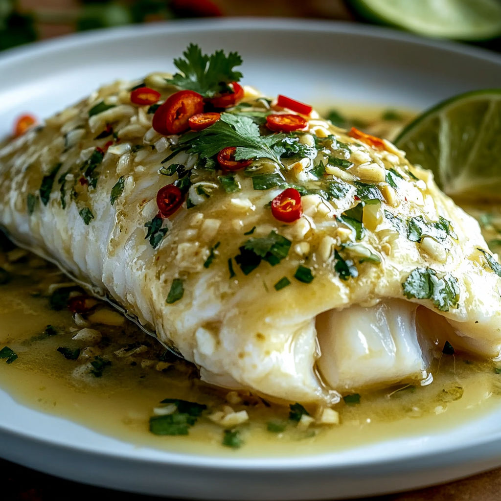 A plate of fish with a spicy sauce and garnished with lime wedges.