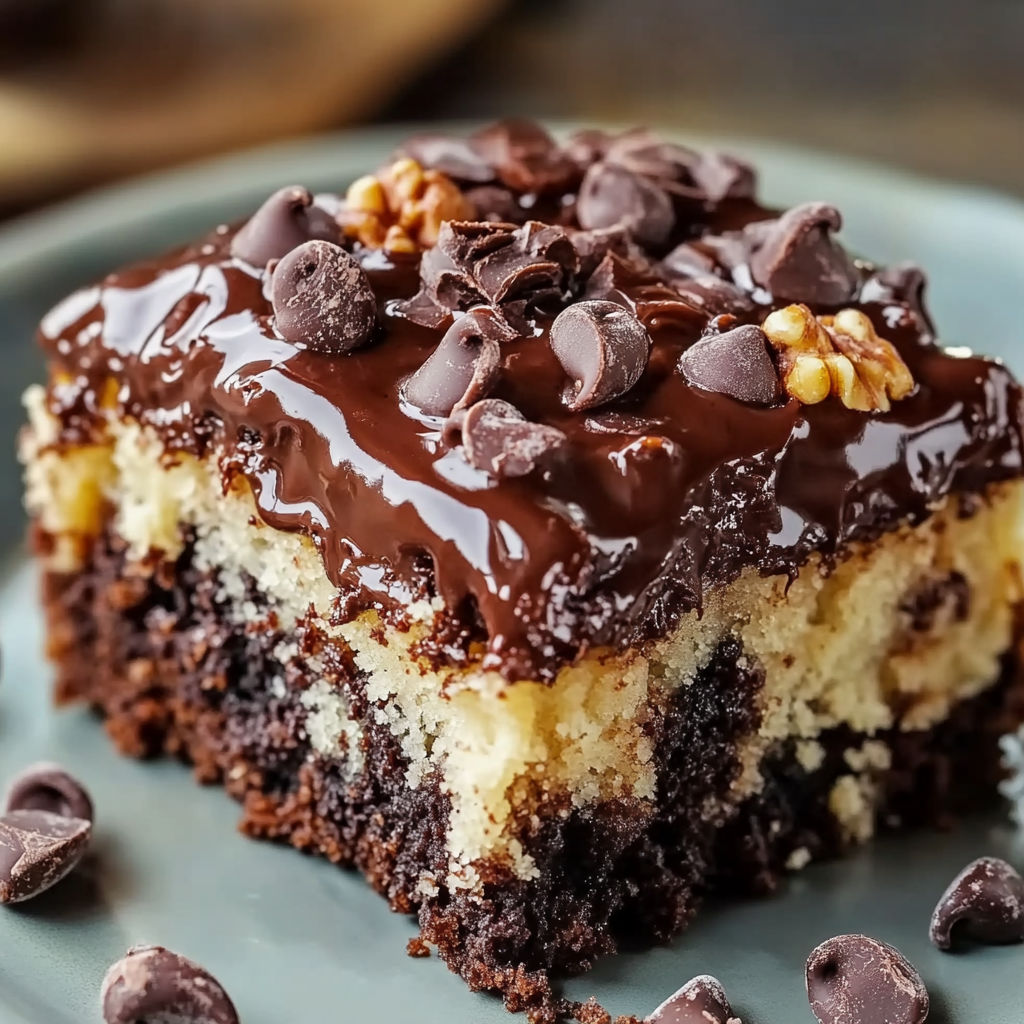 A slice of German Chocolate Poke Cake with chocolate drizzle and chopped nuts on top.