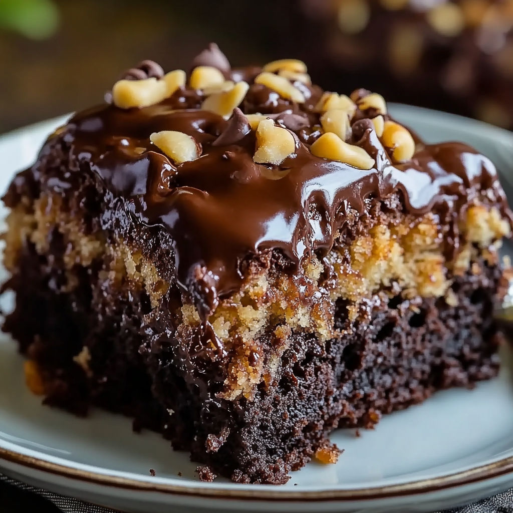 A slice of German Chocolate Poke Cake with chocolate drizzle and nuts on top.