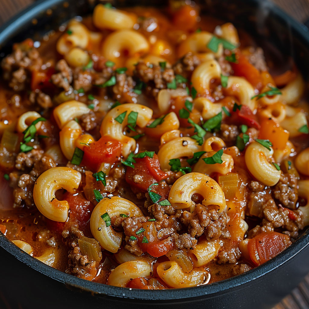A bowl of pasta with meat sauce and vegetables.