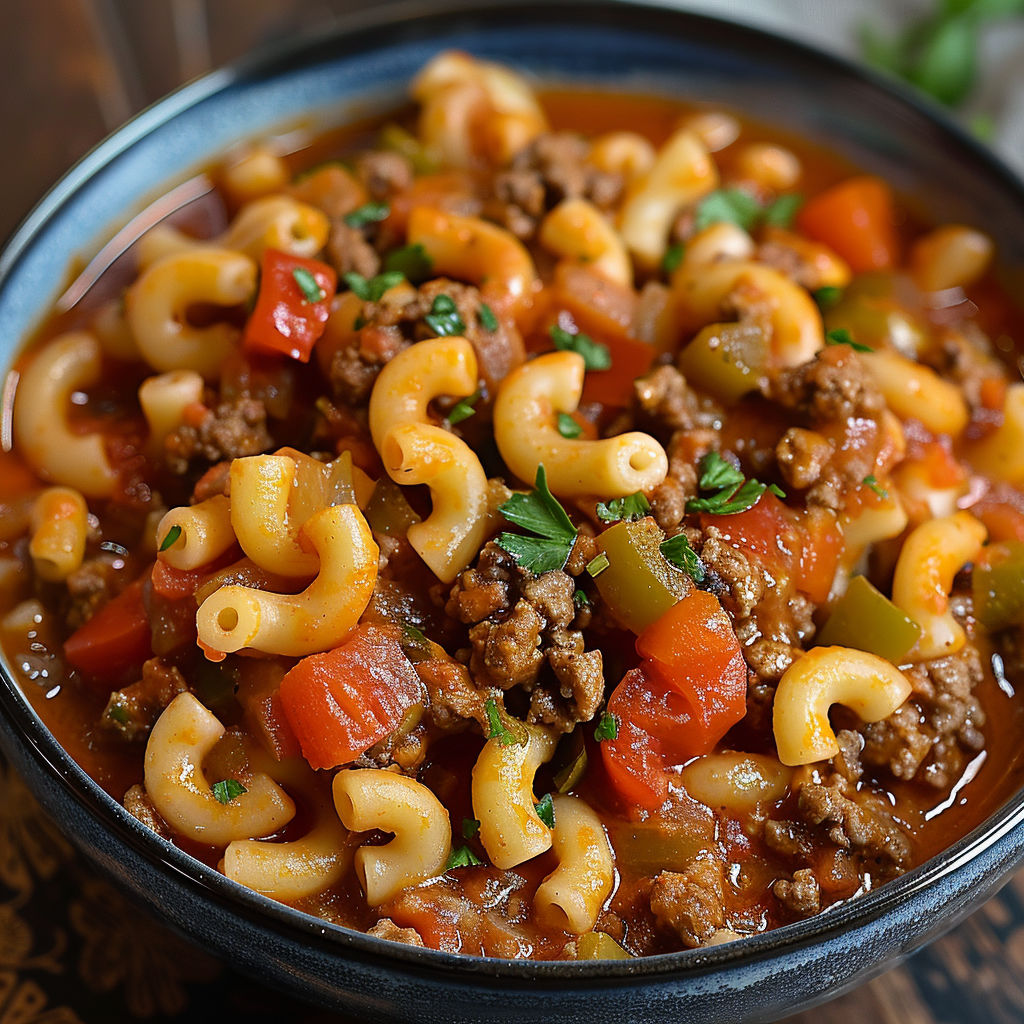 A bowl of pasta with meat and vegetables, including carrots and peppers, in a spicy tomato sauce.