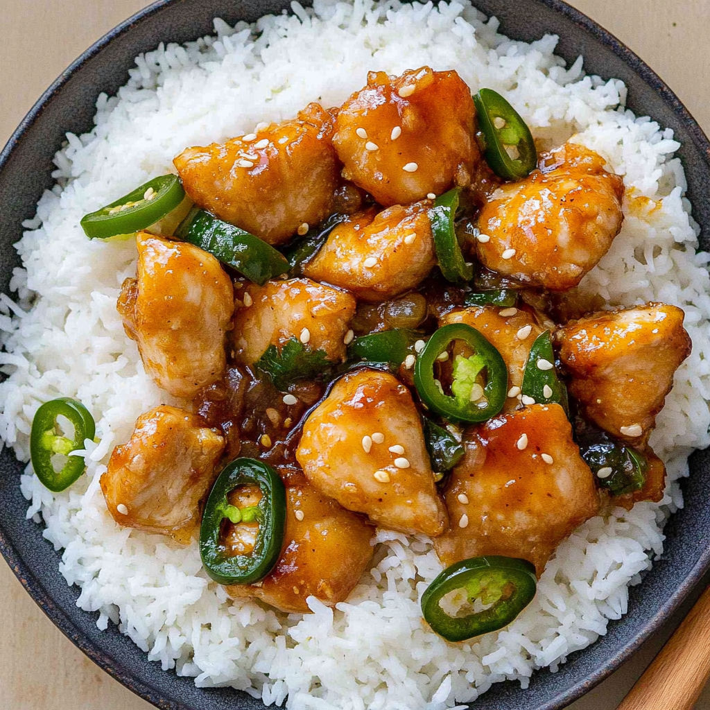 A plate of jalapeno chicken with rice.