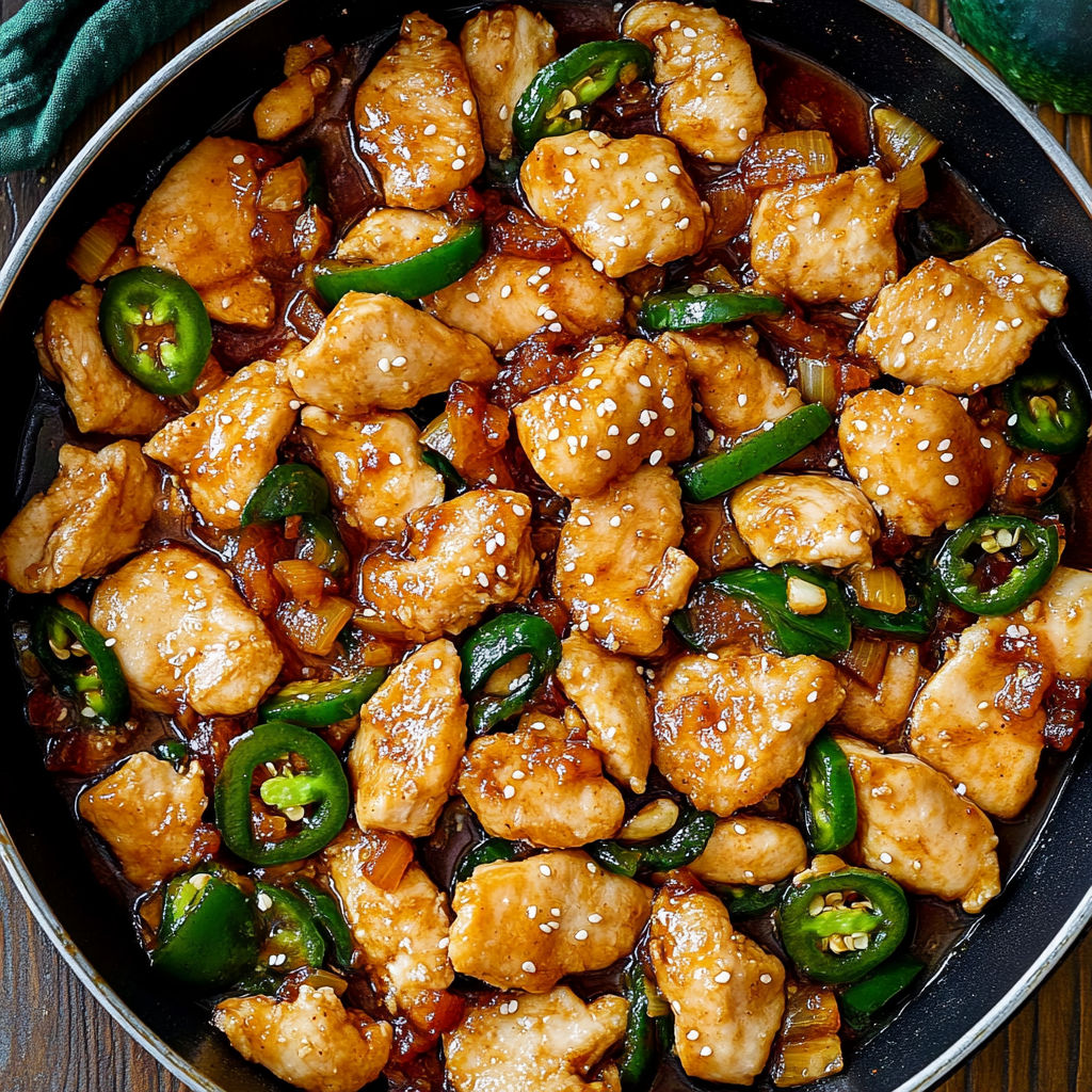 A pan of chicken stir fry with peppers and onions.