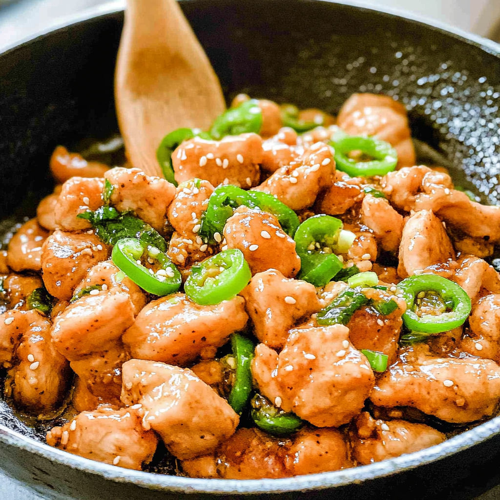 A stir fry dish with chicken and peppers in a black wok.