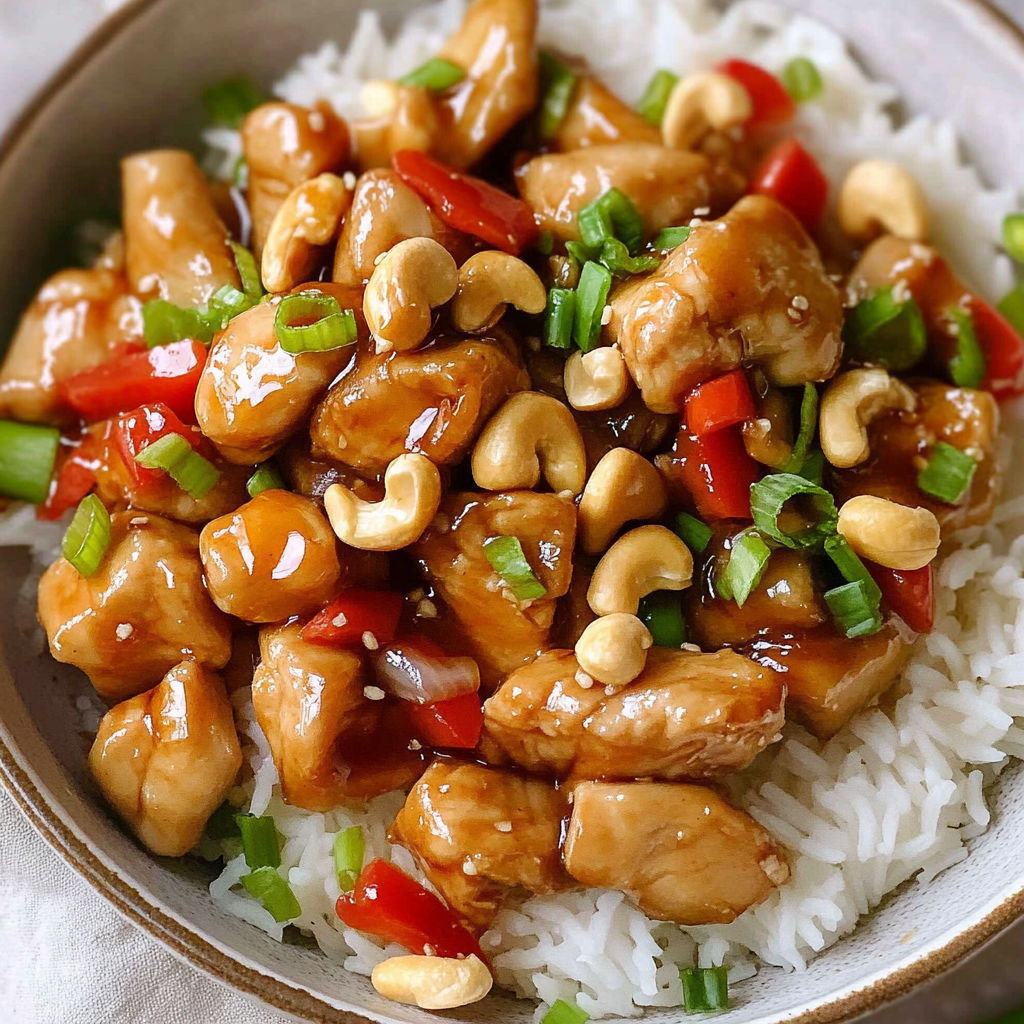 A bowl of Cashew Chicken with rice and vegetables.