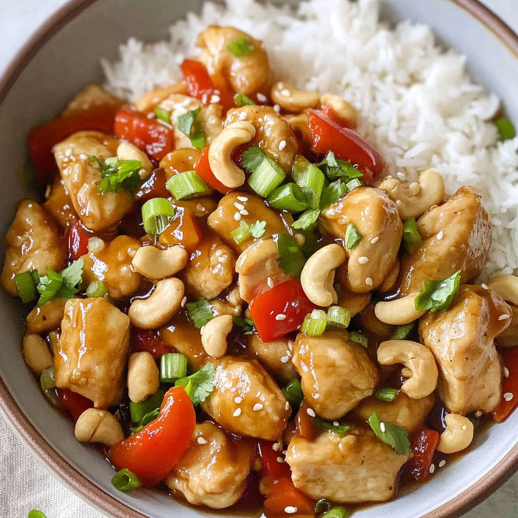 A bowl of Chinese food with chicken, peppers, and rice.