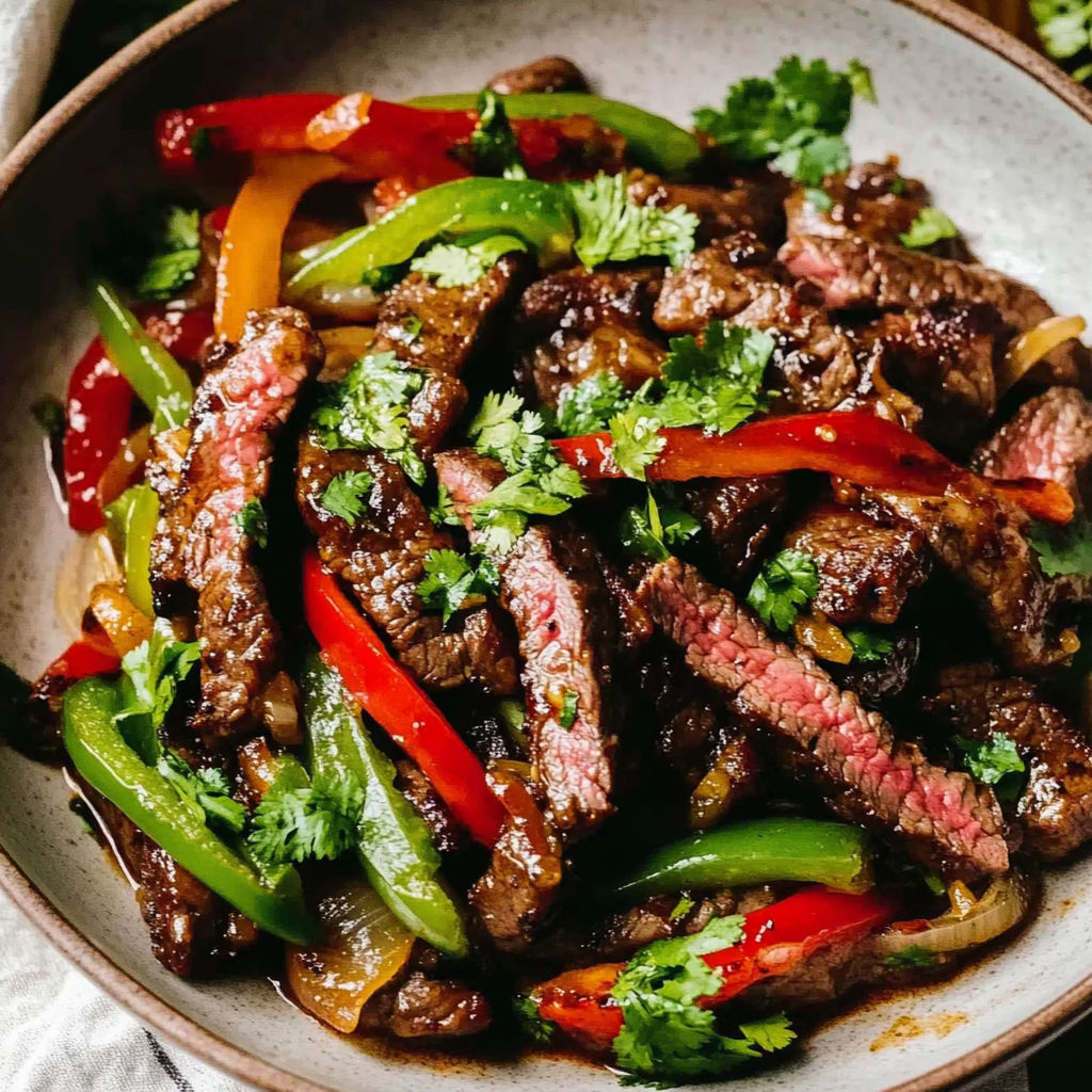 A bowl of beef stir fry with peppers and onions.