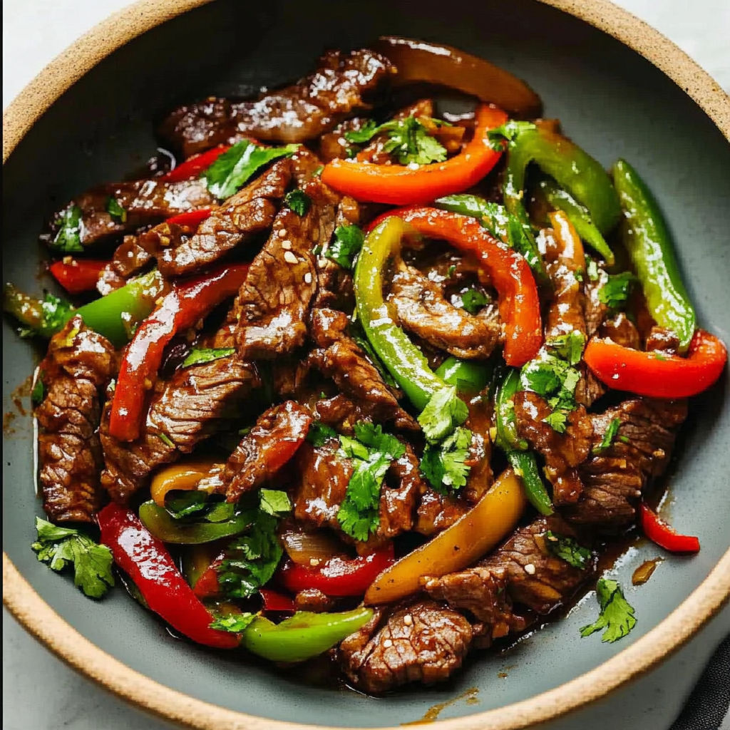 A bowl of beef stir fry with peppers and onions.