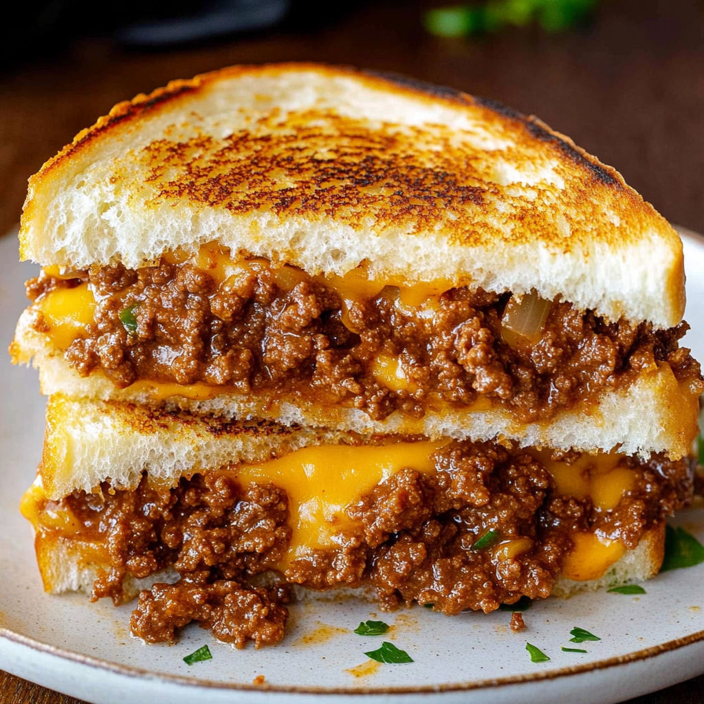 A delicious Sloppy Joe Grilled Cheese sandwich is served on a plate.