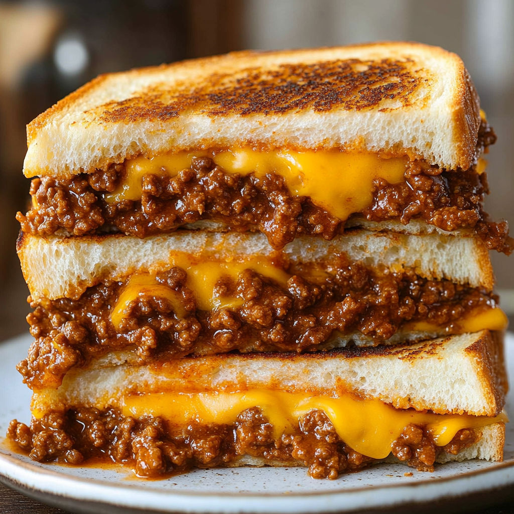 A stack of three grilled cheese sandwiches with chili on top.