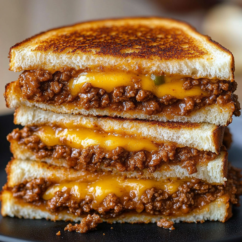 A stack of three grilled cheese sandwiches with chili on top.