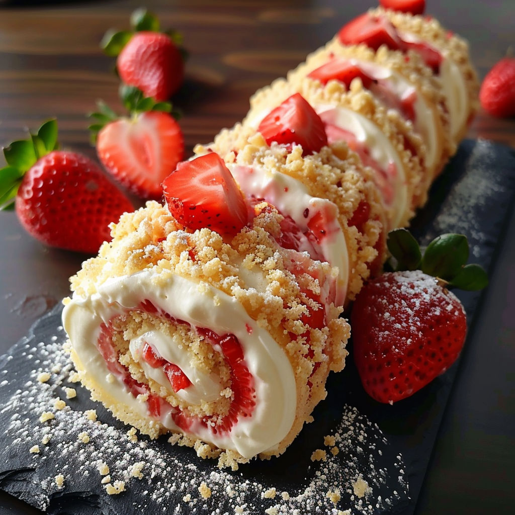 A delicious dessert made with strawberries and cream, rolled up and covered in powdered sugar.