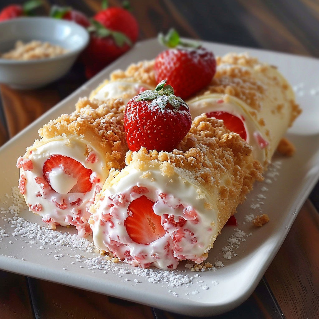 A delicious dessert roll with strawberries and whipped cream on a plate.