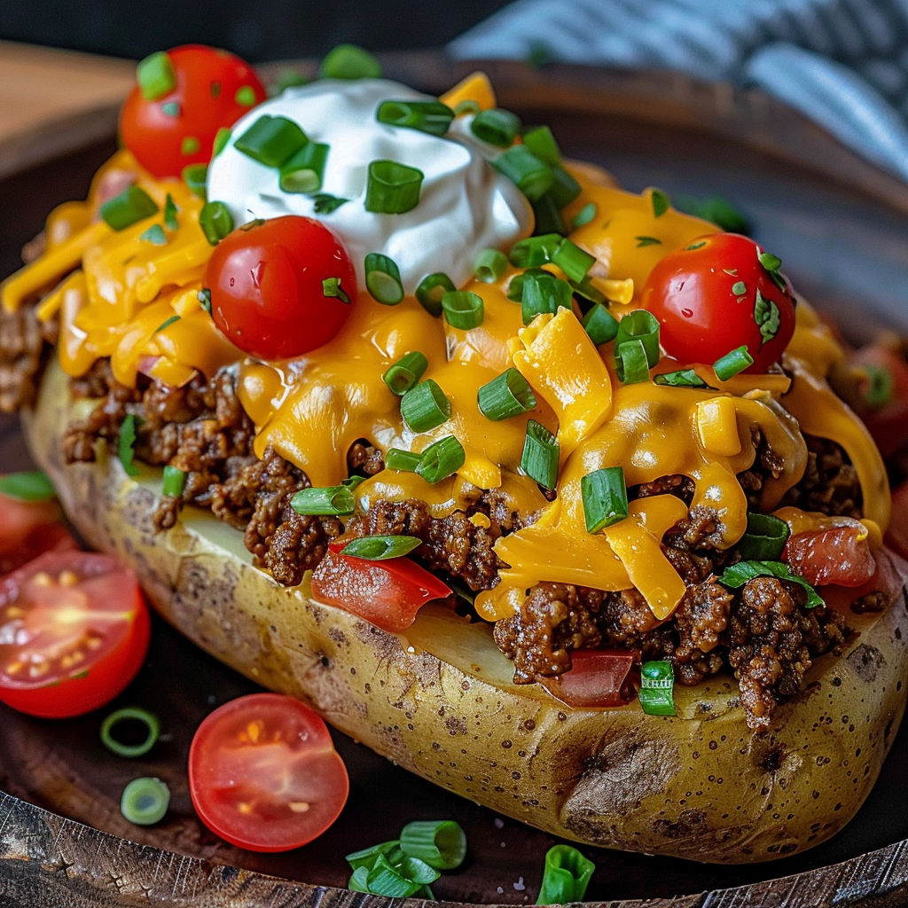 A delicious Taco Loaded Baked Potato is served on a wooden platter.