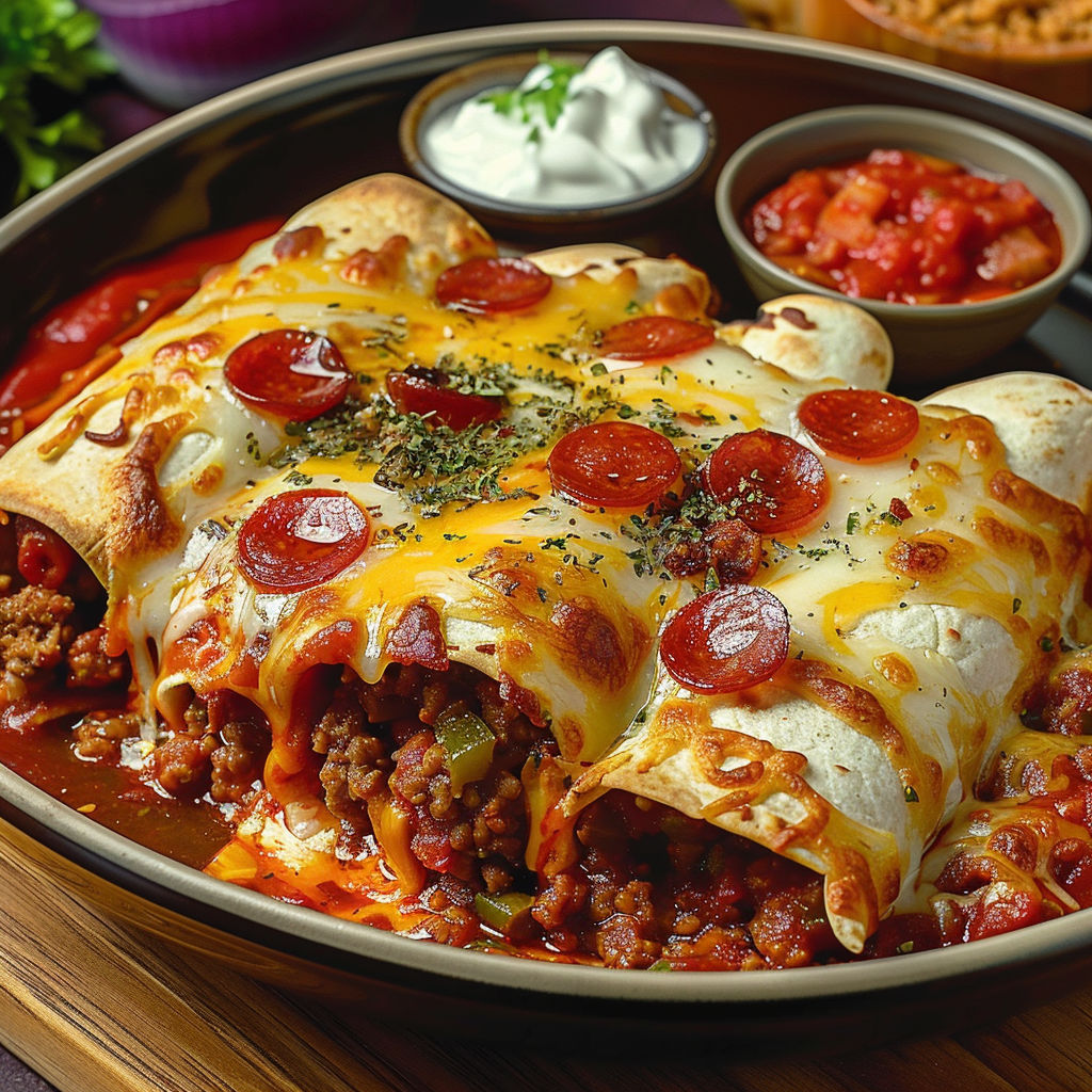 A delicious meal of Pizza Enchiladas Ground Beef is served on a plate.