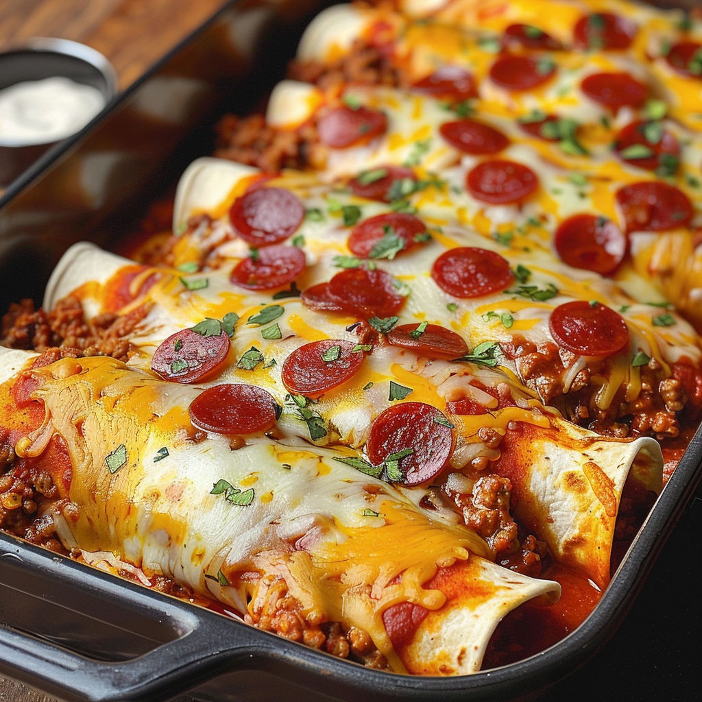 A pan filled with pepperoni and cheese covered burritos.
