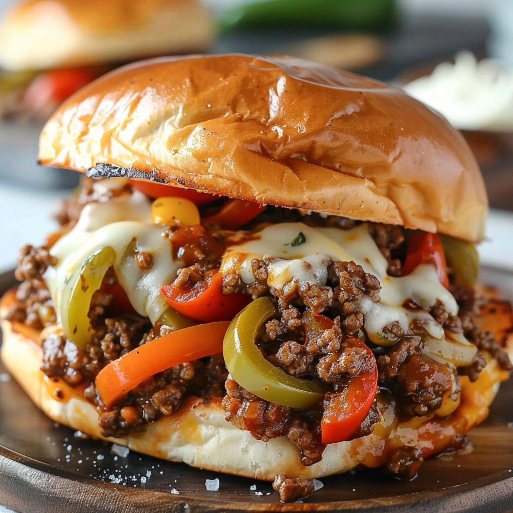A delicious burger with cheese, peppers, and onions on a bun.