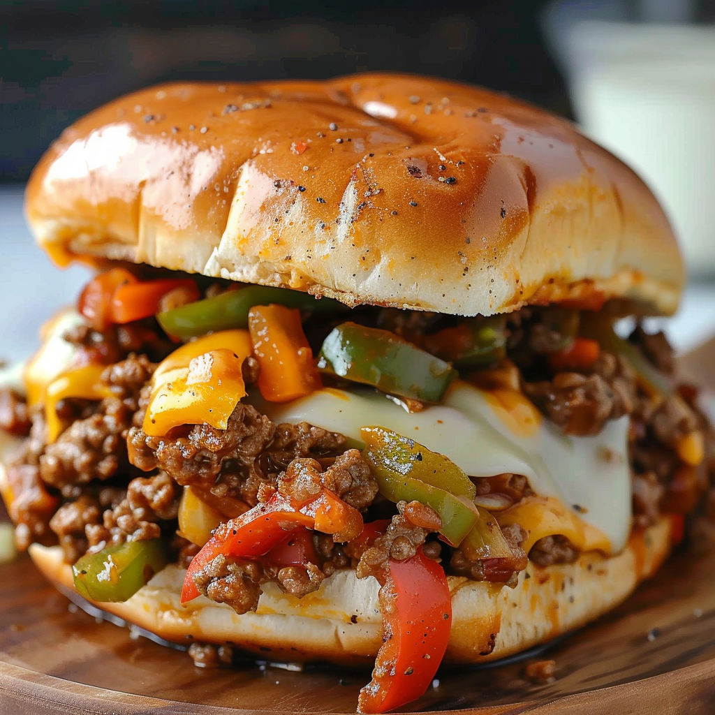 A delicious hamburger with cheese, peppers, and onions, served on a wooden cutting board.