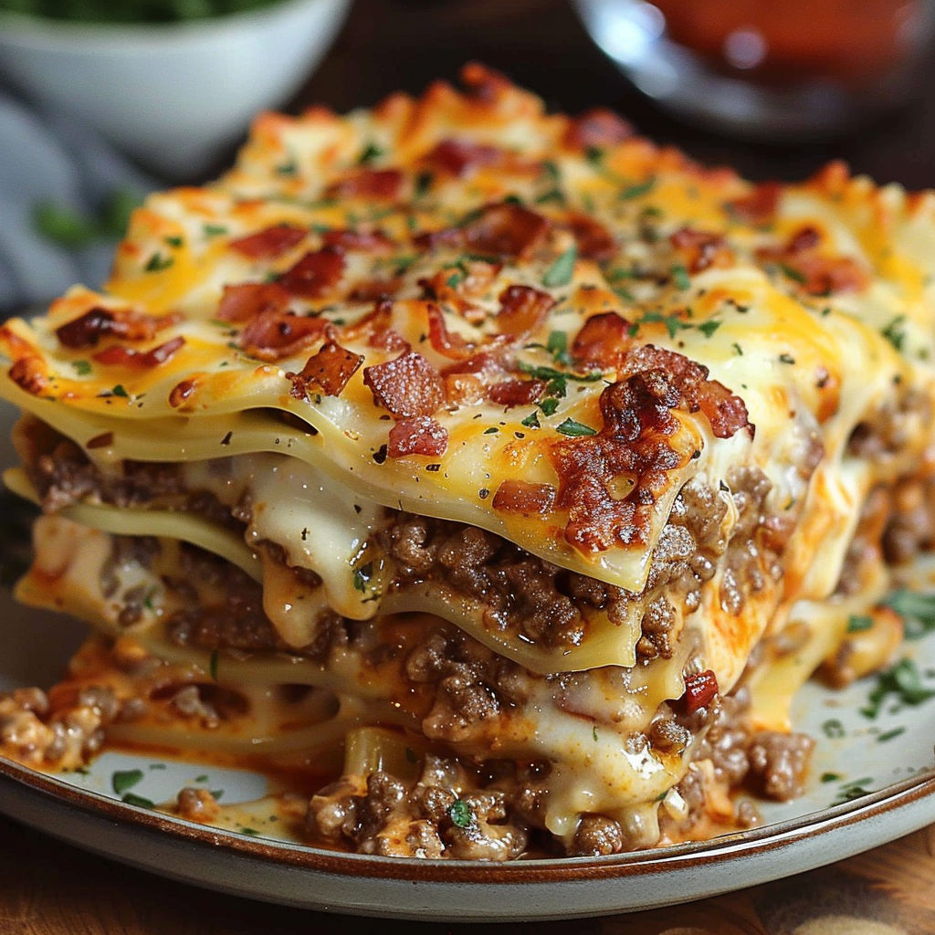 A delicious Parmesan Garlic Bacon Cheeseburger Lasagna is served on a plate.