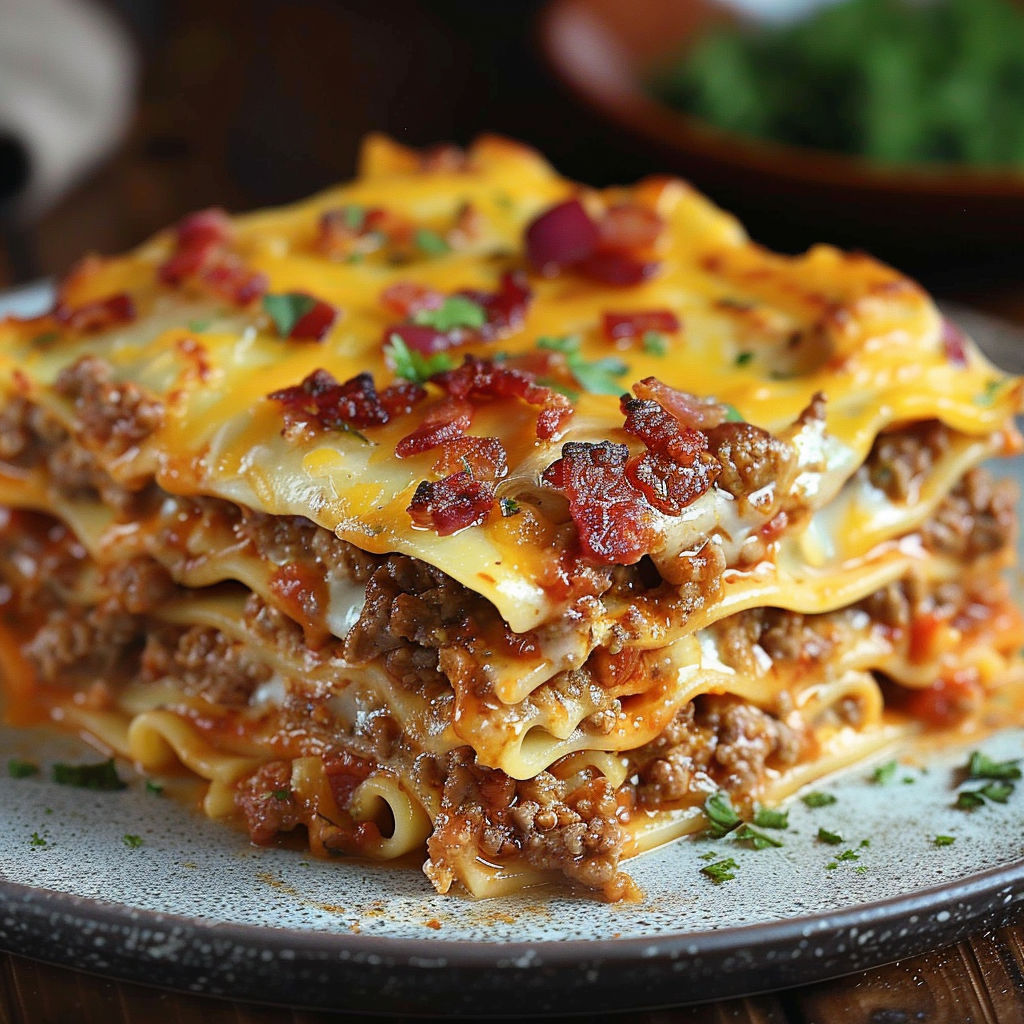 A delicious lasagna dish with meat and cheese, served on a plate.