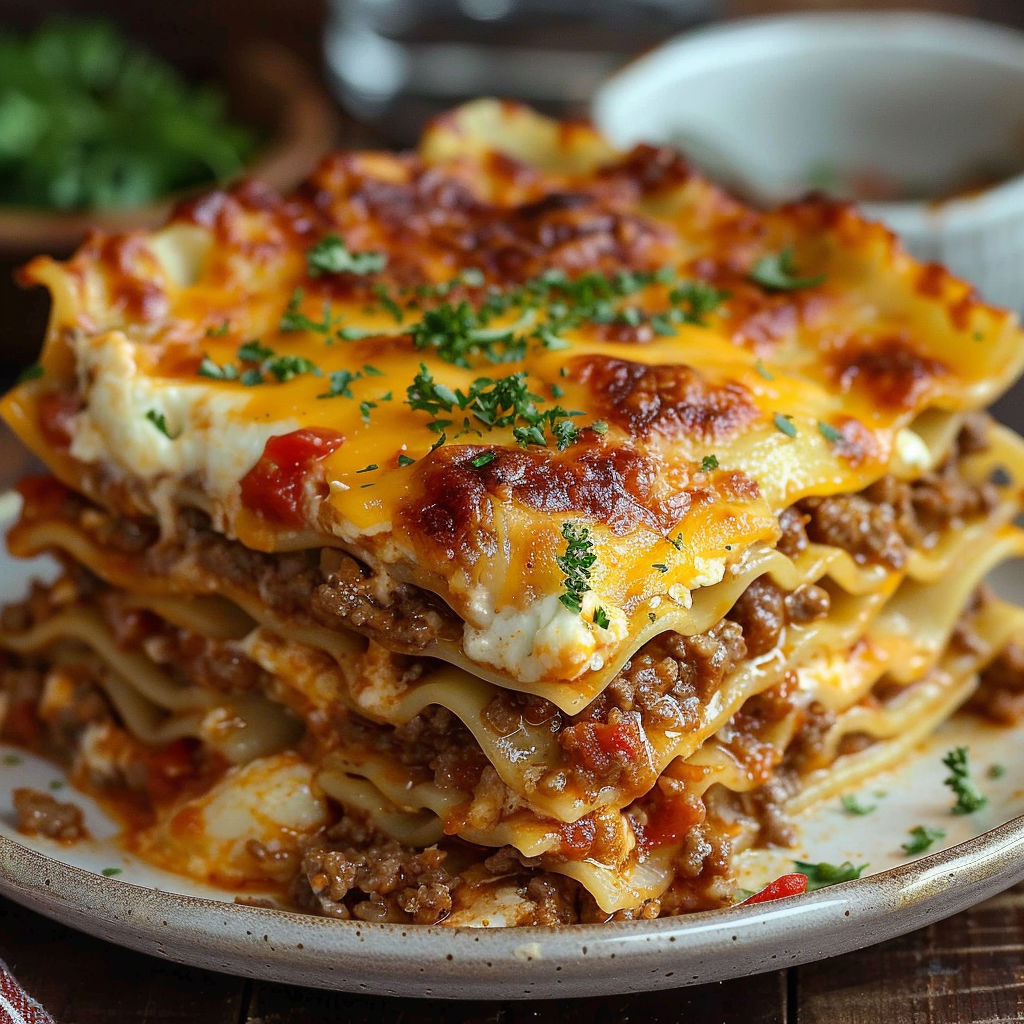 A stack of lasagna with a white bowl of salad on the side.