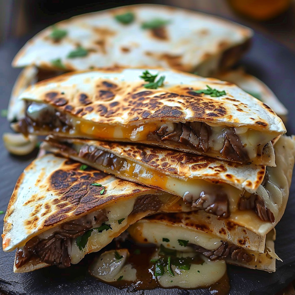 A stack of three Mexican quesadillas with cheese and meat fillings.