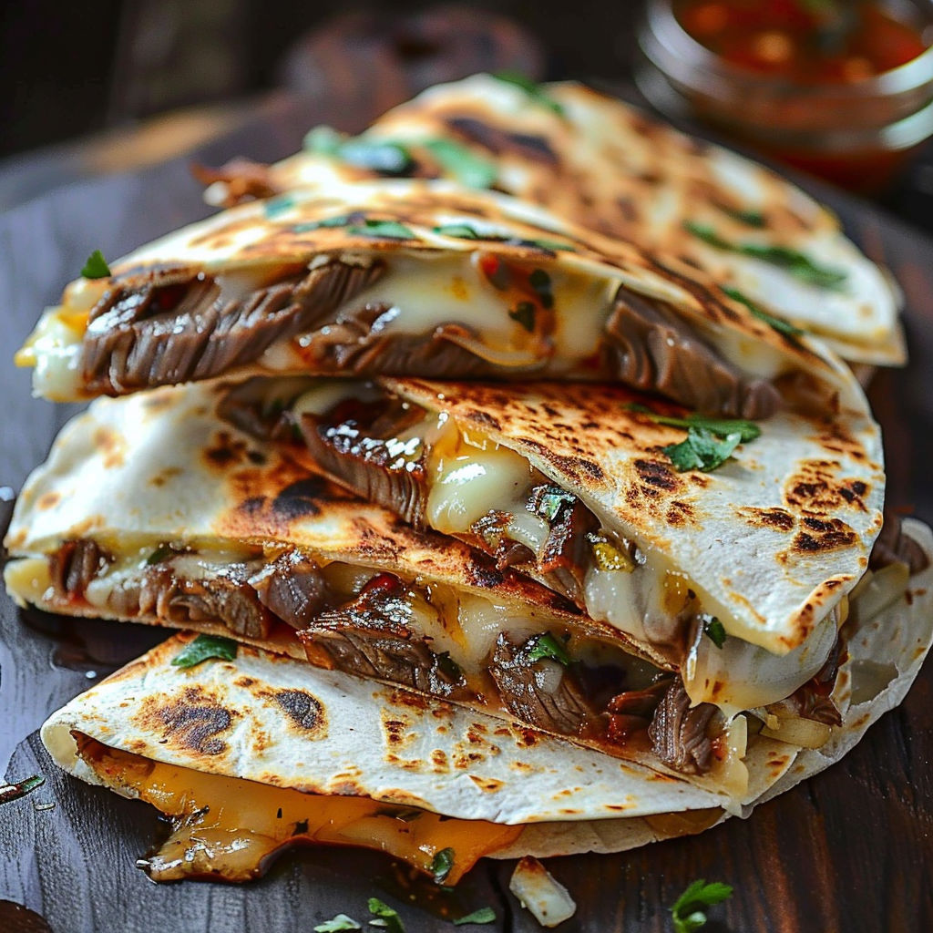 A delicious Mexican meal with meat and cheese, served on a wooden table.
