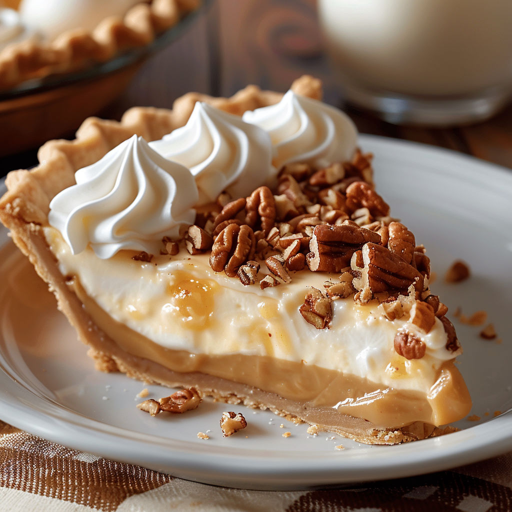 A slice of Dolly Parton's Butterscotch Pie is served on a white plate.