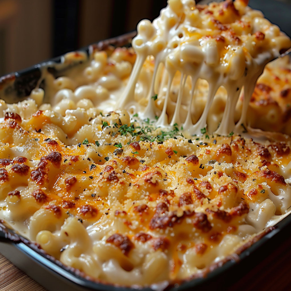 A delicious macaroni and cheese dish with a generous amount of cheese and a green herb garnish.