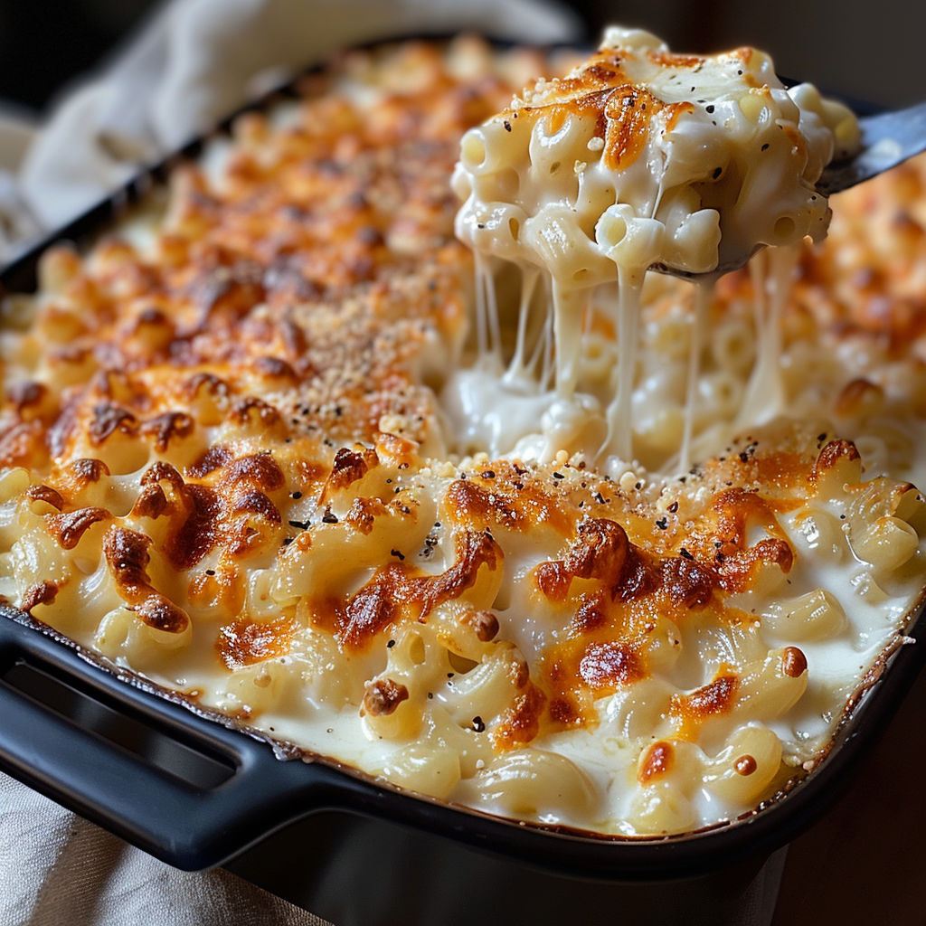 A close up of a delicious macaroni and cheese dish being served.