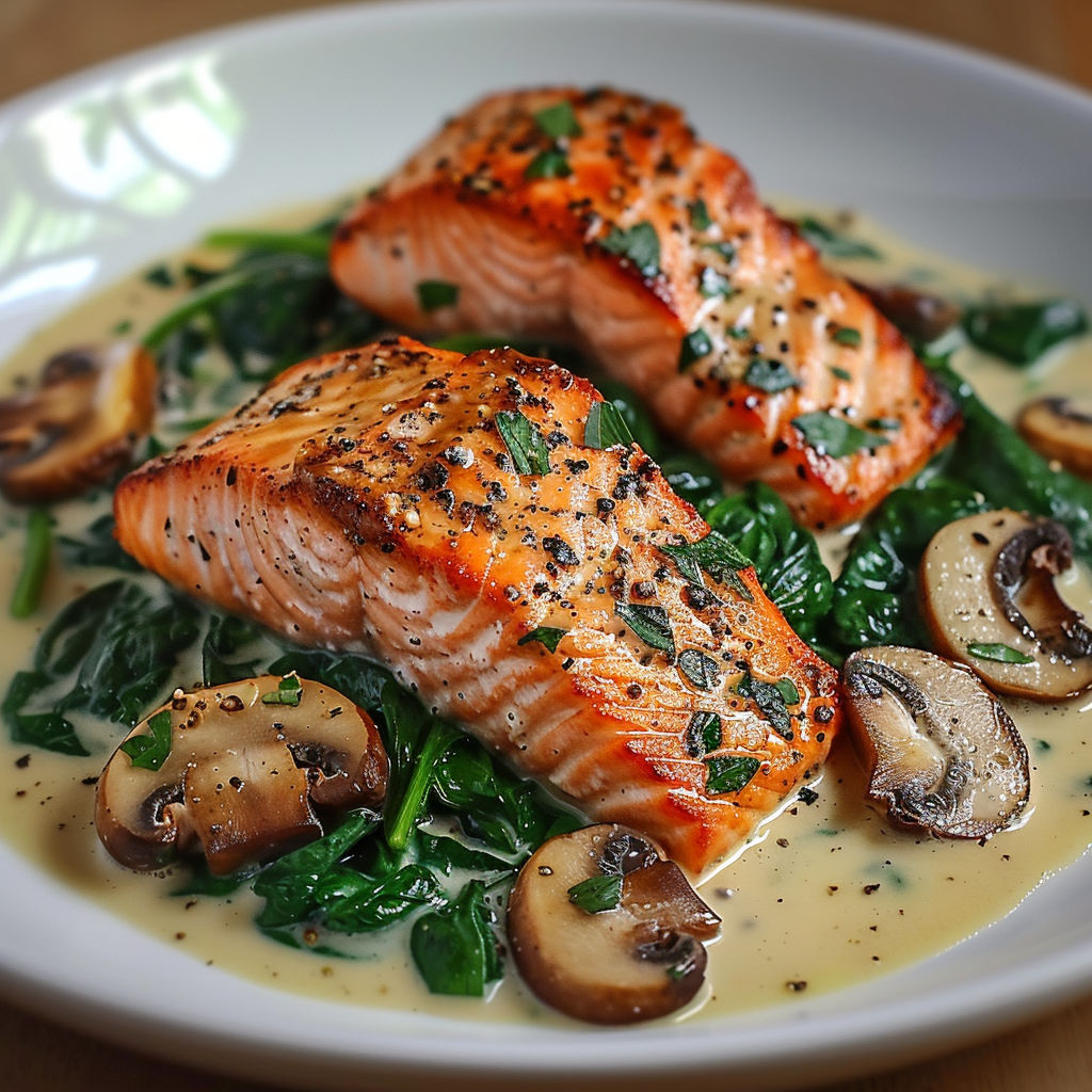 A plate of salmon with mushrooms and spinach, topped with garlic butter.