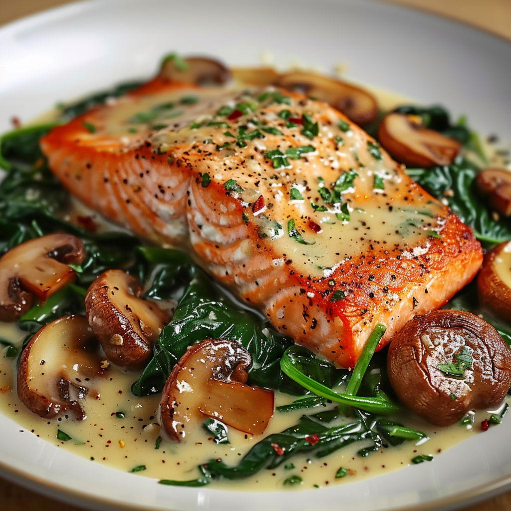 A plate of food with a salmon dish, mushrooms, and greens.