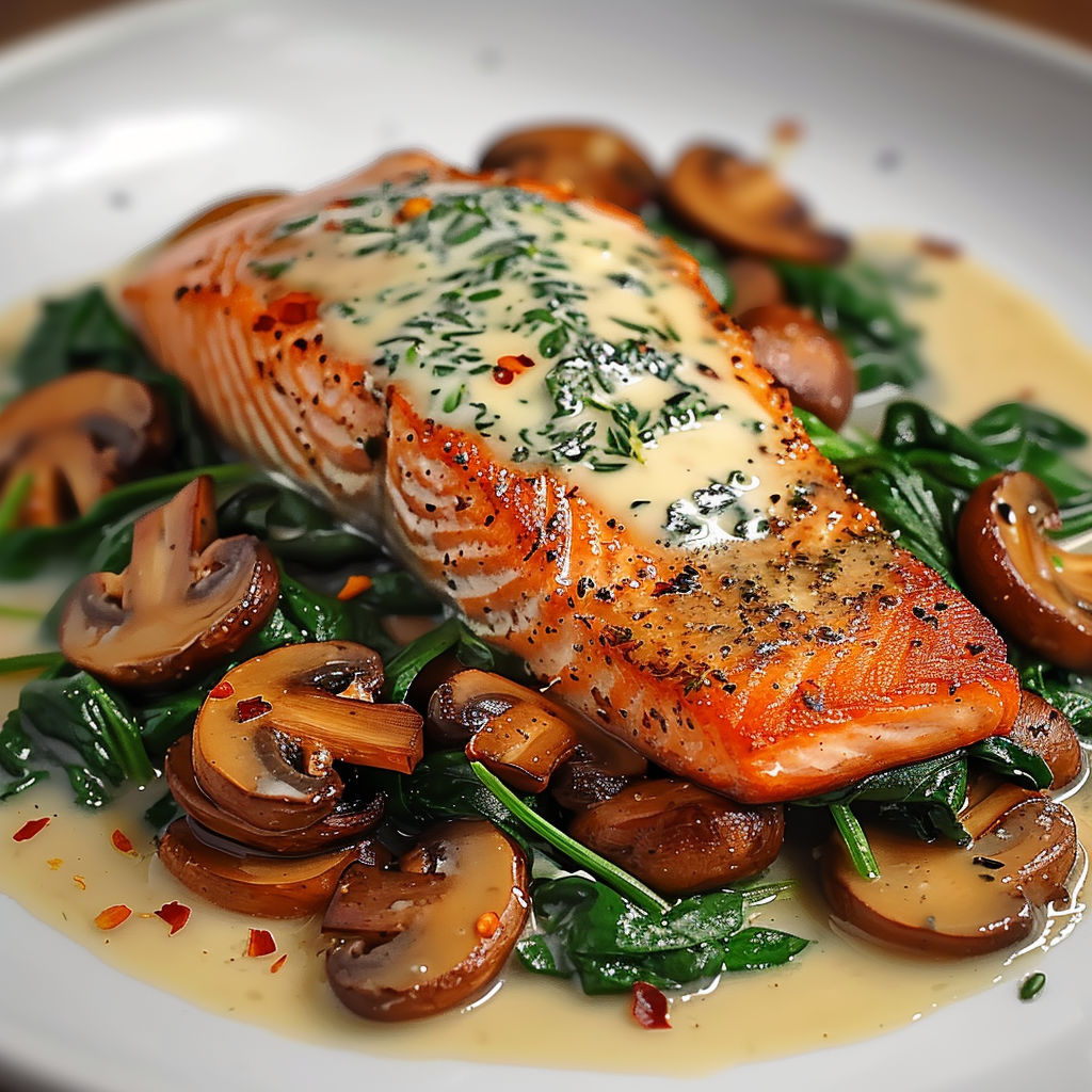 A delicious meal of salmon with mushrooms and greens, served on a white plate.