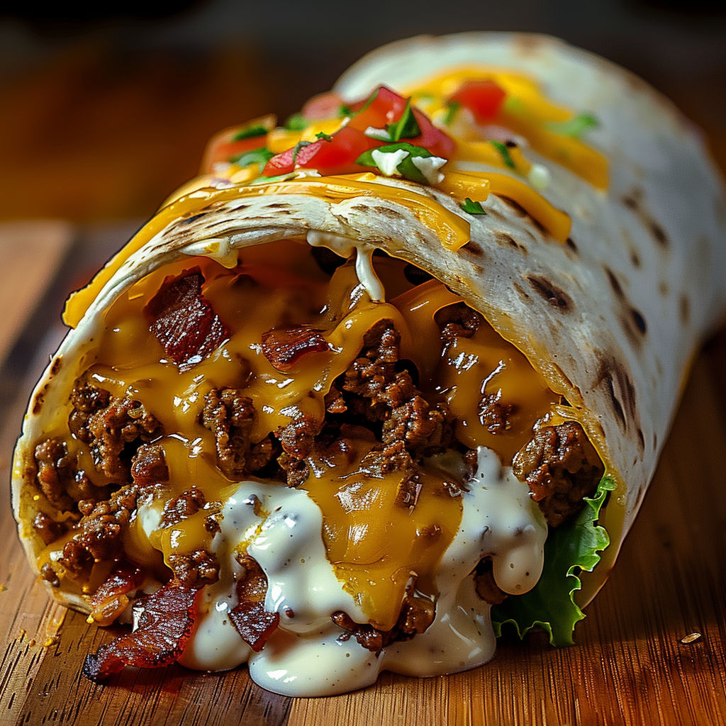 A loaded bacon cheeseburger burrito is served on a wooden table.