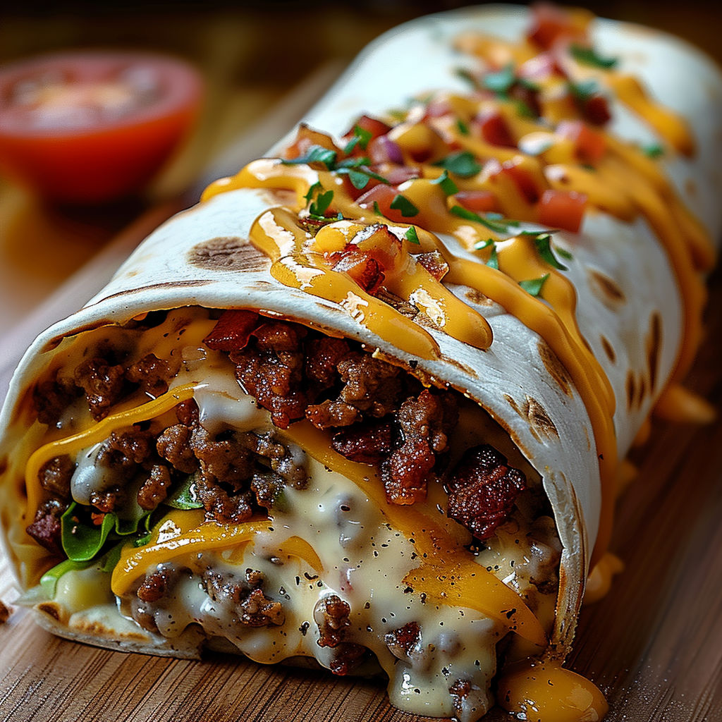 A loaded bacon cheeseburger burrito is displayed on a wooden table.
