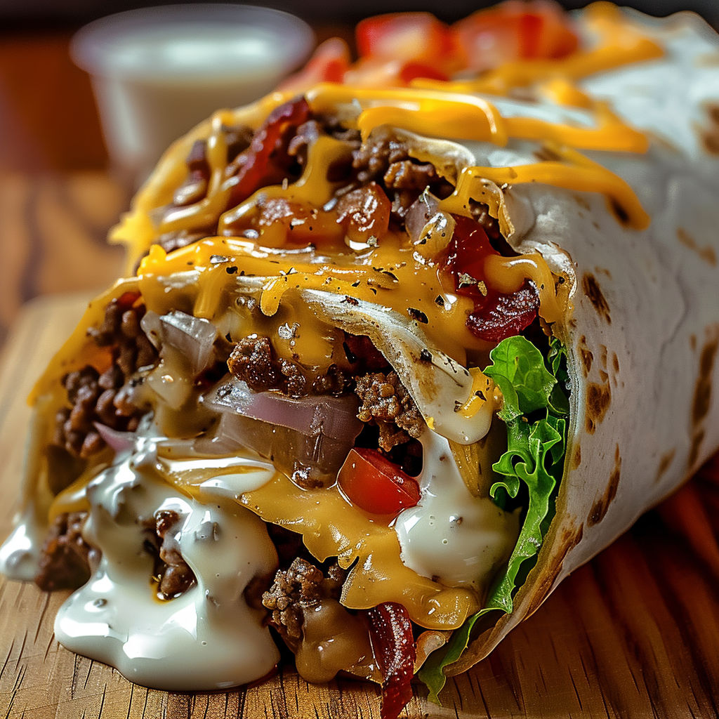 A loaded bacon cheeseburger burrito is displayed on a wooden table.
