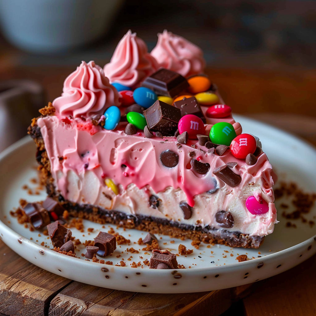 A slice of Pink M&M Snickers Cheesecake on a plate.