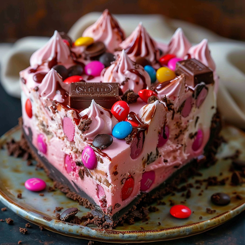 A slice of cake with chocolate, marshmallows, and M&M's candies on top.
