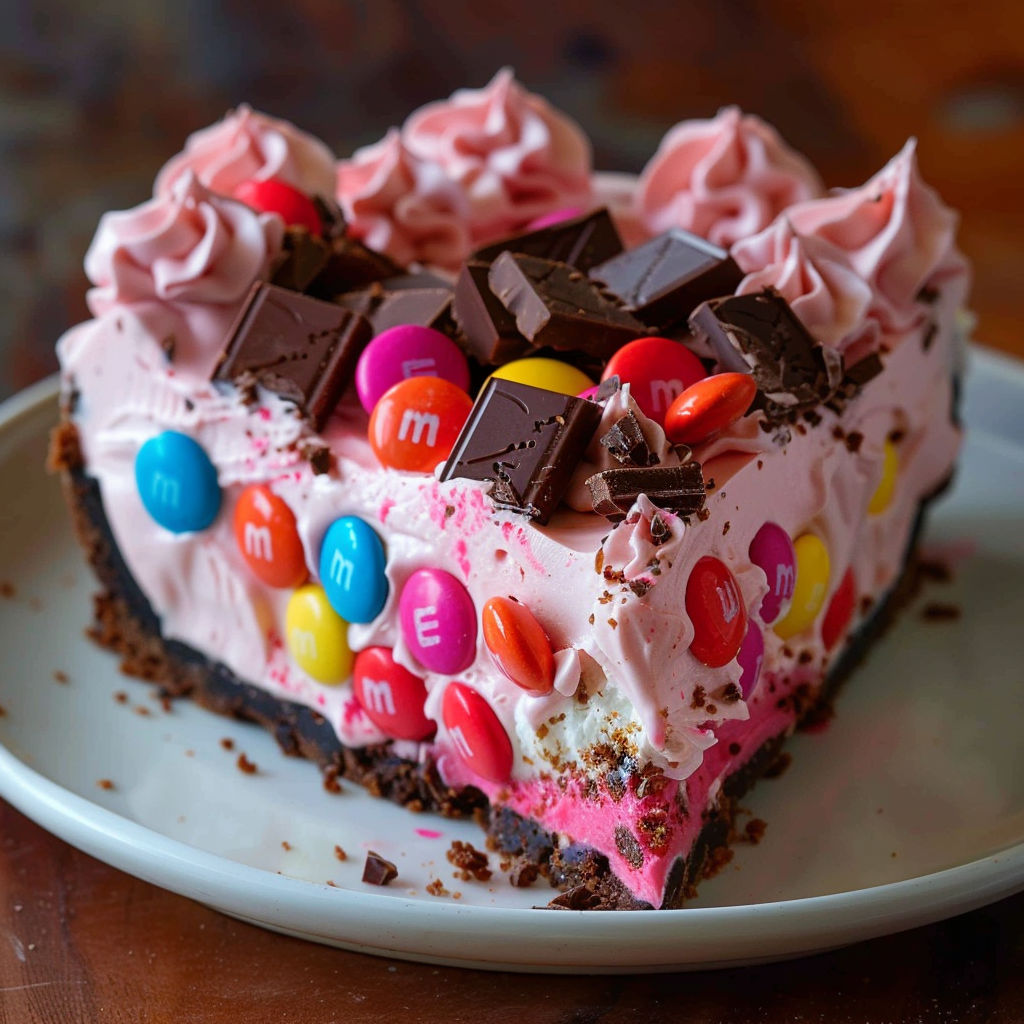 A slice of cake with chocolate and candy toppings.