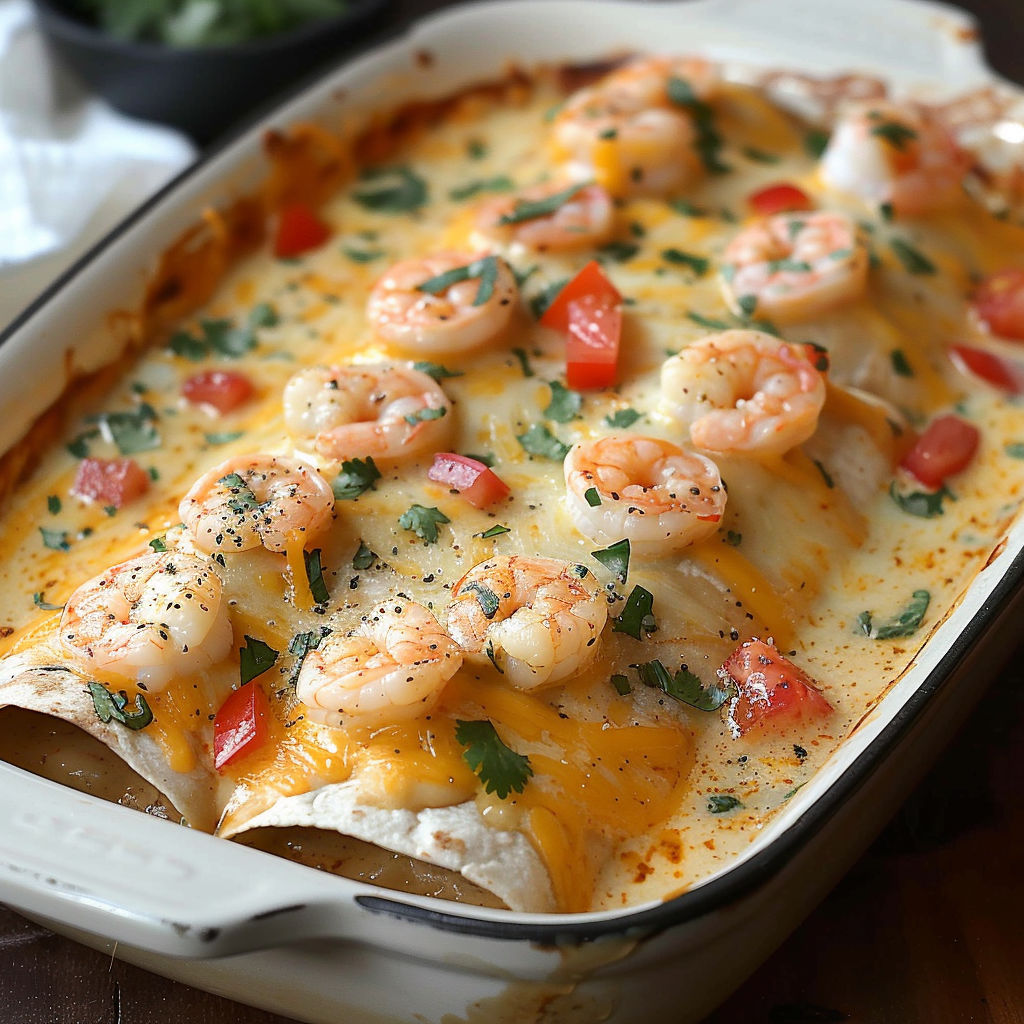 A delicious Shrimp Enchiladas Cream Sauce dish is served in a white dish.