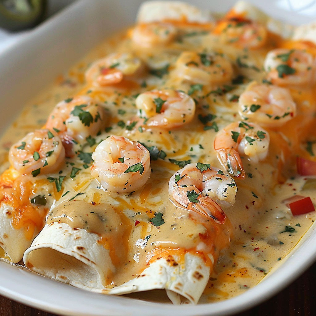 A delicious shrimp and cheese enchilada is served in a white bowl.