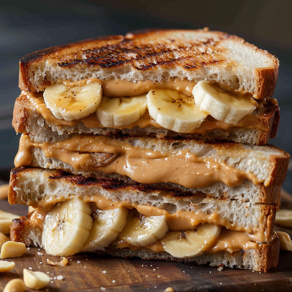 A delicious grilled peanut butter banana sandwich is served on a wooden table.
