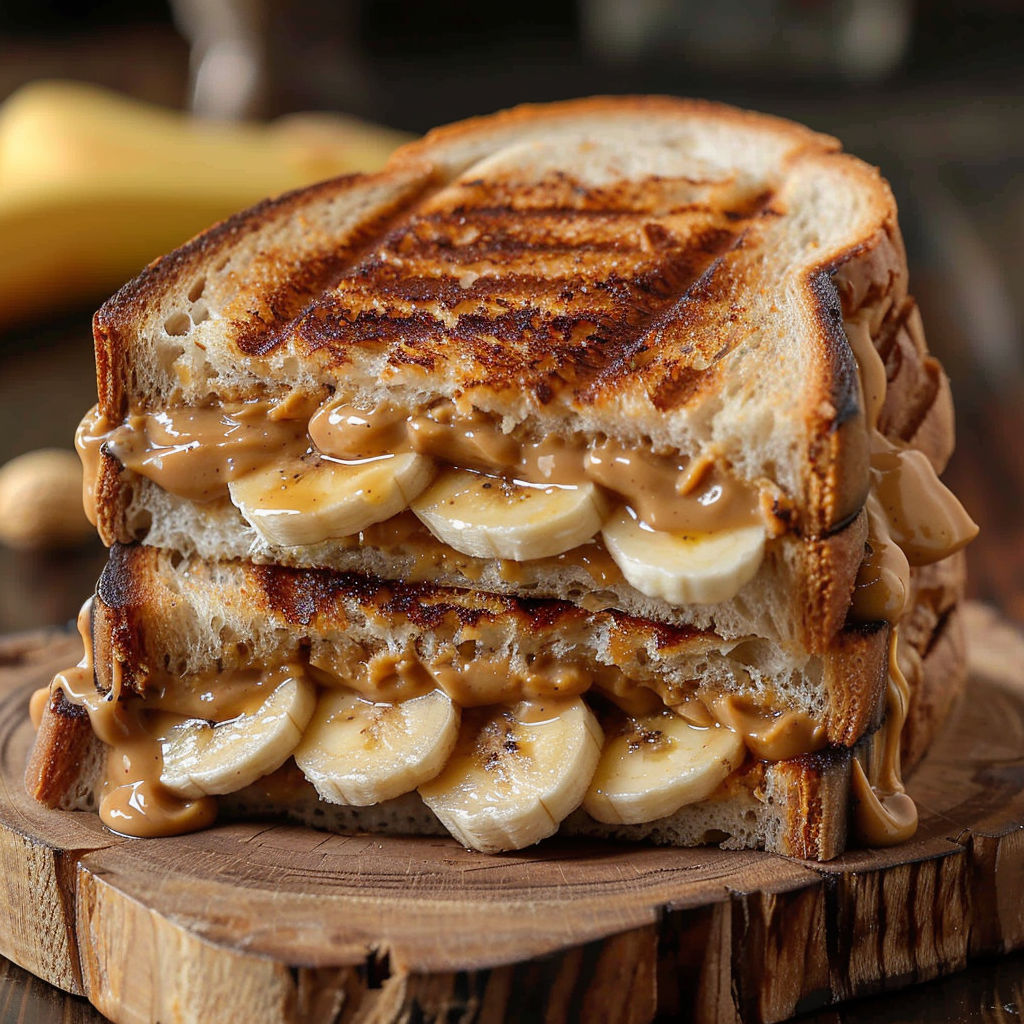 A sandwich with bananas and peanut butter on a wooden cutting board.