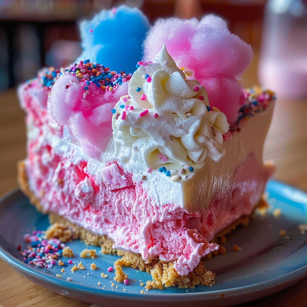 A slice of Cotton Candy Cheesecake Dessert on a plate.
