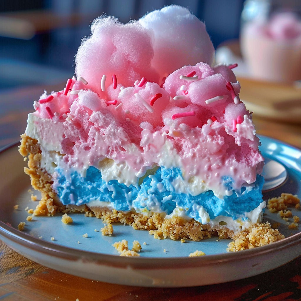 A slice of Cotton Candy Cheesecake Dessert on a plate.