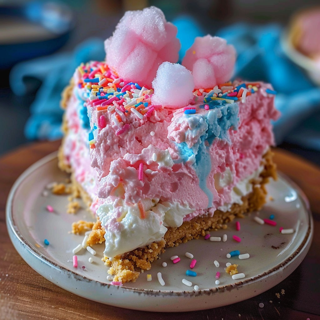 A slice of Cotton Candy Cheesecake Dessert is displayed on a plate.