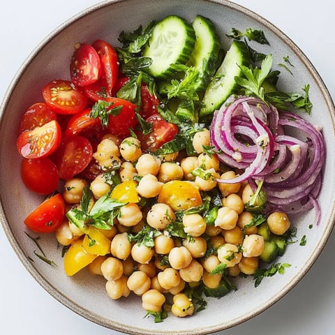 Chickpea salad with cucumbers, tomatoes, red onions, and herbs in a bowl.